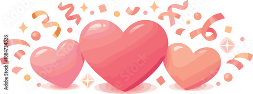 Party Hearts Celebration. Celebratory heart silhouettes surrounded by confetti and glowing party accents, modern flat vector