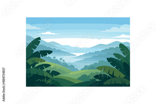 Flat vector background illustration of calm tropical hillside with banana leaf silhouettes and distant misty valley style clean 2D shapes no outlines minimal details matte colors layered