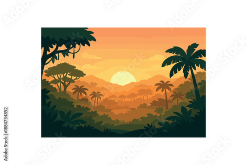 Flat vector background illustration of peaceful jungle sunrise with layered silhouettes of trees and warm haze style clean 2D shapes no outlines minimal details matte colors layered depth
