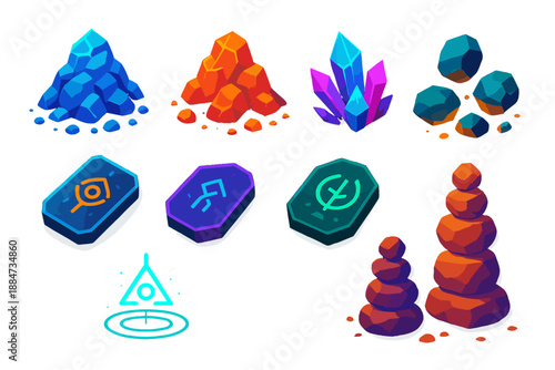 Luminous Scree Oracle. Isometric vector illustration set Talus Scree Oracle: luminous scree piles, neon crystal clusters, floating