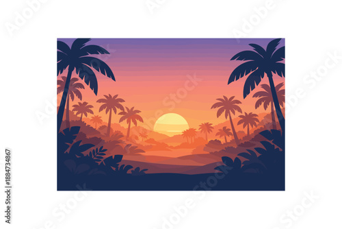 Flat vector background illustration of quiet jungle sunset with palm silhouettes and soft atmospheric glow haze style clean 2D shapes no outlines minimal details matte colors layered depth