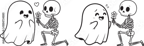 Cute skeleton offering a flower to a ghost, with a heart above, funny Halloween romance illustration.
