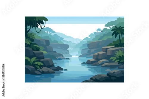 Flat vector background illustration of quiet rainforest river gorge with layered rock silhouettes and fog style clean 2D shapes no outlines minimal details matte colors layered depth gentle