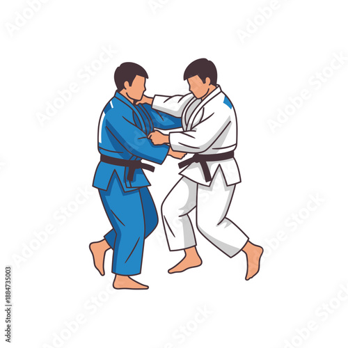 Two Competitors Grapple in Sports Match, Indoor Dojo, Illustration, Dynamic Atmosphere, Eye-Level Perspective