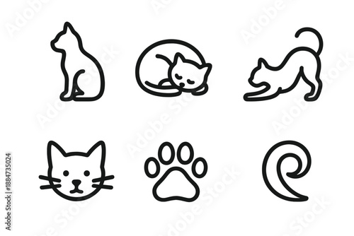 Line Style Pet Icons. Line style icons of Domestic Animals: small pet silhouette, curled pet, playful pet stance, whisker face,