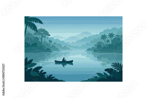 Flat vector background illustration of quiet rainforest lake with small canoe silhouette and foggy shoreline style clean 2D shapes no outlines minimal details matte colors layered depth