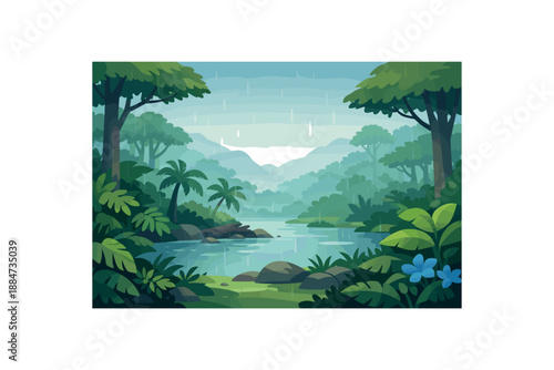 Flat vector background illustration of peaceful rainy rainforest with soft raindrop streak silhouettes and mist style clean 2D shapes no outlines minimal details matte colors layered depth