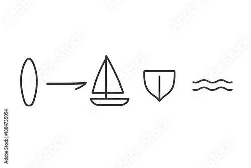 Maritime Line Icons. Line style icons of Maritime Forms: wave-riding craft, slender hull line, breeze-filled sail, calm bow shape,