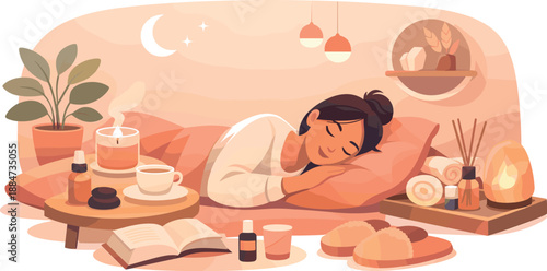 Tranquil Wellness Retreat. Peaceful wellness scene showing a person resting comfortably with cozy details and soft light, modern