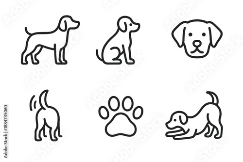 Dog Line Icons. Line style icons of Dog: standing dog, sitting dog, dog face, wagging tail, dog paw, playful pose. No text, No