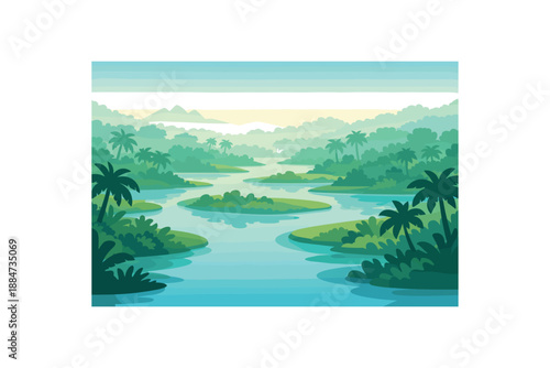 Flat vector background illustration of calm jungle river with winding water channels silhouettes and haze style clean 2D shapes no outlines minimal details matte colors layered depth gentle
