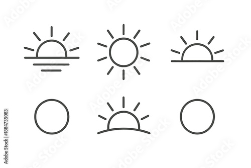 Sun Line Icons. Line style icons of Sun: rising sun, sun rays, half sun, round sun, soft shine arc, solar disk. No text, No labels