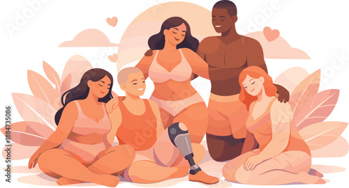Body Positivity Harmony. Empowering scene showing varied body forms connected through harmony and mutual respect, modern flat