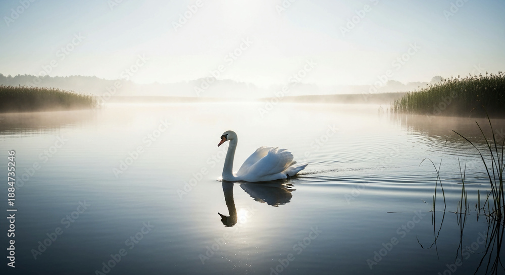 Fototapeta premium Serene white swan gliding across calm lake waters at sunrise with misty background and reflections