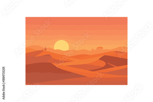 Flat vector background illustration of quiet desert sunset with long dune shadows silhouettes and warm haze style clean 2D shapes no outlines minimal details matte colors layered depth