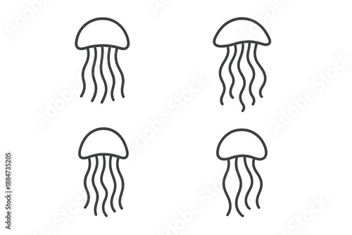 Sea Drifters Icons. Line style icons of Sea Drifters: gentle bell arc, trailing tendrils, smooth body line, light float form,