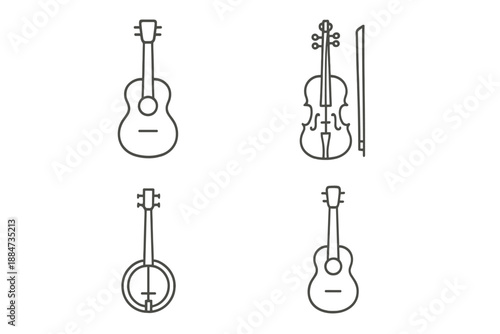 Minimalist Instrument Icons. Line style icons of Musical Instruments: string outline, curved body form, soft bow line, minimal
