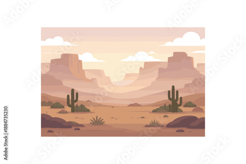 Flat vector background illustration of quiet desert plateau with layered mesas silhouettes fading into mist style clean 2D shapes no outlines minimal details matte colors layered depth