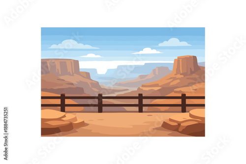 Flat vector background illustration of quiet desert cliffs viewpoint with simple railing silhouettes and distant haze style clean 2D shapes no outlines minimal details matte colors layered