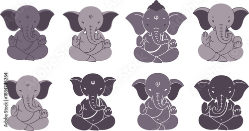 Cute Ganesha Cartoon Illustration Set Featuring Lord Ganapati in Different Poses and Color Variations for Religious Art, Festival Design, and Vector Graphics