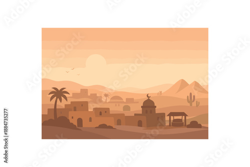 Flat vector background illustration of peaceful desert village silhouette with low shapes and soft haze style clean 2D shapes no outlines minimal details matte colors layered depth gentle