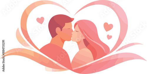 Minimal Romantic Expression. Romantic kissing moment expressed through minimal figures and flowing heart-shaped curves, modern