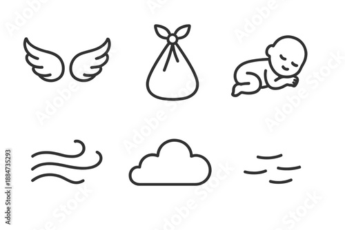 Gentle Sky Icons. Line style icons of Gentle Sky Carry: uplifted wings, tied bundle, newborn contour, soft air strokes, high cloud