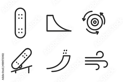 Skate Deck Icons. Line style icons of Skate Deck Spin: simple deck, ramp rise, spinning wheel, rail hint, path arc, soft breeze.