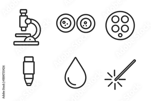 Bio Slide Icons. Line style icons of Bio Slide Reveal: scope form, cell pair, sample plate, fine lens, micro droplet, soft light