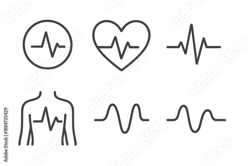 Line Style Pulse Icons. Line style icons of Pulse Soundline: simple scope, hollow heart, linear rhythm, body hint, soft arcs,
