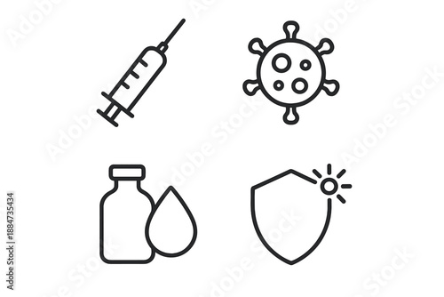 Medical Icons Set. Line style icons of Cure Injection Scene: slim syringe, pathogen circle, remedy droplet, bottle base, shield