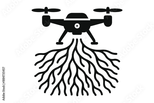 Drone Analyzing Neural Landscapes. Solid style icons of a drone analyzing nerve-like landscapes: neural terrain surveyor,