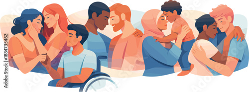 Inclusive Love Art. Loving scene expressing acceptance and equality through diverse figures connected by gentle gestures, modern