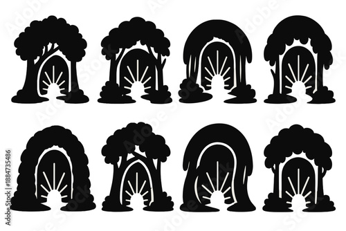 Radiant Forest Entrances. Solid style icons of radiant forest entrances: luminous grove gate, shining woodland portal, bright