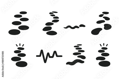 Rhythmic Stone Walkway. Solid style icons of a rhythmic stone walkway: synchronized step pattern, flowing rock path, pulse-aligned