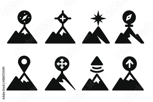 Elevated Navigation Icons. Solid style icons of elevated navigation symbols: ridge compass node, mountain-top direction disk,