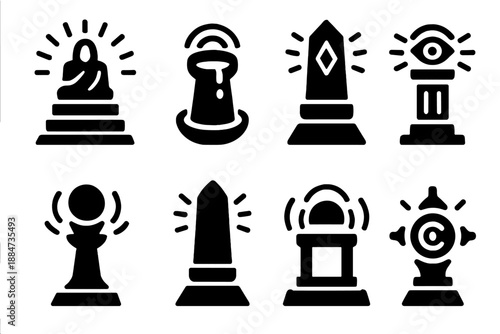 Prophetic Icon Structures. Solid style icons of prophetic absorption structures: radiant oracle monument, foresight-drinking tower
