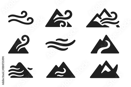 Mountain Airflow Icons. Solid style icons of flowing mountain air routes: light wind contour, mountain ascent swirl, ridge airflow