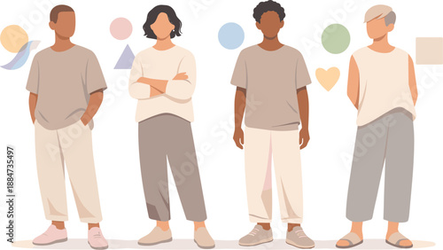 Gender Neutral Minimalism. Inclusive figures dressed in minimalist neutral outfits conveying identity without gender markers,