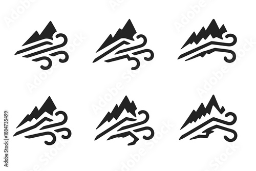 Geometric Wind Ascent. Solid style icons of an airy, jagged ascent: angular wind rise, serrated air path, sharp breeze climb,