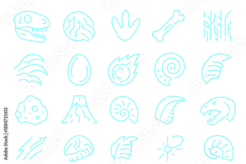 Cyber Prehistoric Icons. Line style icons of cyber prehistory: neon dinosaur skull, circuit fossil, glowing footprint, holographic