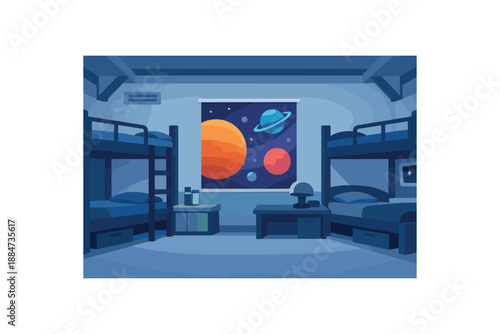 Flat vector illustration of space camp cabin interior without people: bunk bed silhouettes and poster with abstract planets style clean 2D shapes no outlines minimal details layered depth