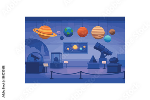 Flat vector illustration of museum astronomy exhibit without people: display cases silhouettes and hanging planet models style clean 2D shapes no outlines minimal details layered depth