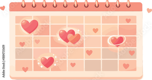 Love Calendar Design. Stylized monthly calendar scene featuring heart symbols and soft emotional glow around meaningful days,