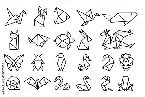 Origami Line Icons. Line style icons of folded creatures: paper crane, origami fox, fish, bird, whale, cat, mouse, turtle, rabbit,