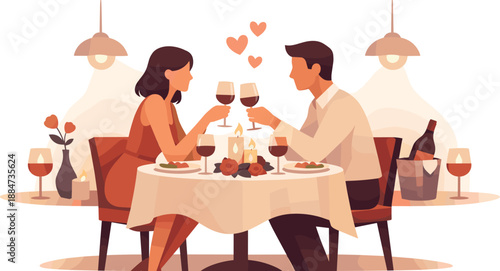 Romantic Anniversary Dinner. Romantic anniversary dinner scene illustrated through minimal figures, table setting, and intimate