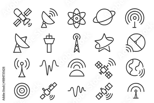 Cosmic Communication Icons. Line style icons of cosmic communication: satellite, dish, wave, planet, orbit, signal line, radio