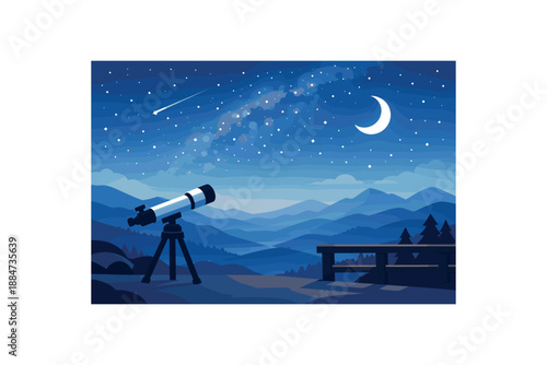 Flat vector illustration of mountain overlook stargazing with layered hills silhouettes and telescope foreground style clean 2D shapes no outlines minimal details layered depth simplified