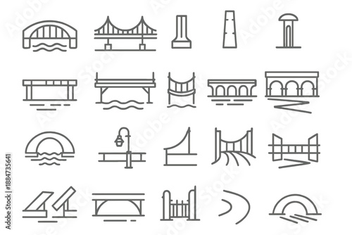Bridge Icon Collection. Line style icons of bridges and structures: arch bridge, suspension bridge, wooden bridge, steel beam,
