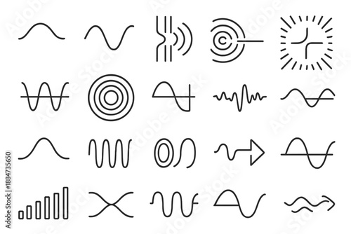 Wave Interference Icons. Line style icons of wave interference: crest, trough, double slit, ripple overlap, standing wave,